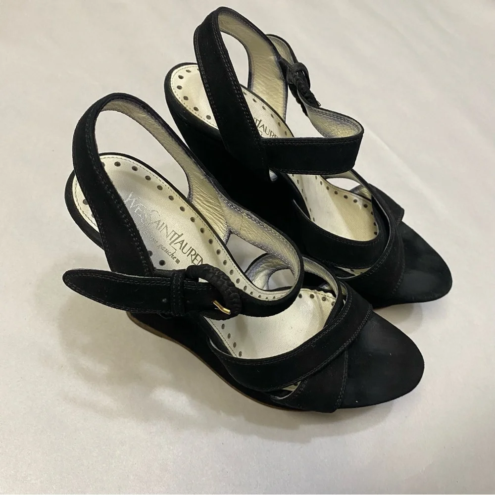 Yves Saint Laurent YSL Platform Wedge Heels Size 8 Suede Rive Gauche Designer